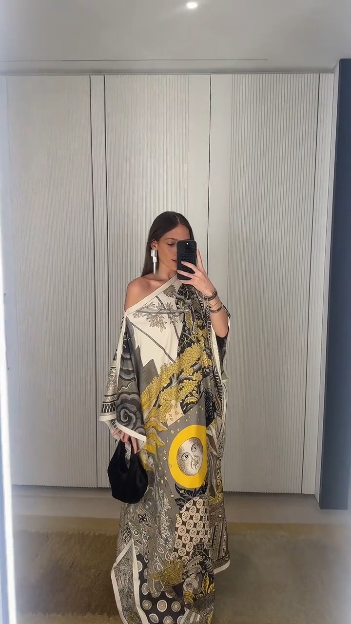 One-Shoulder Shawl Wrap Vintage Print Maxi Dress