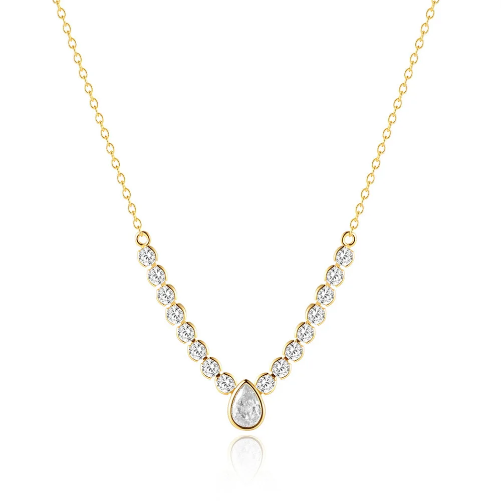 925 Sterling Silver Retro Water Drop Zircon Pendant Clavicle Chain Necklace