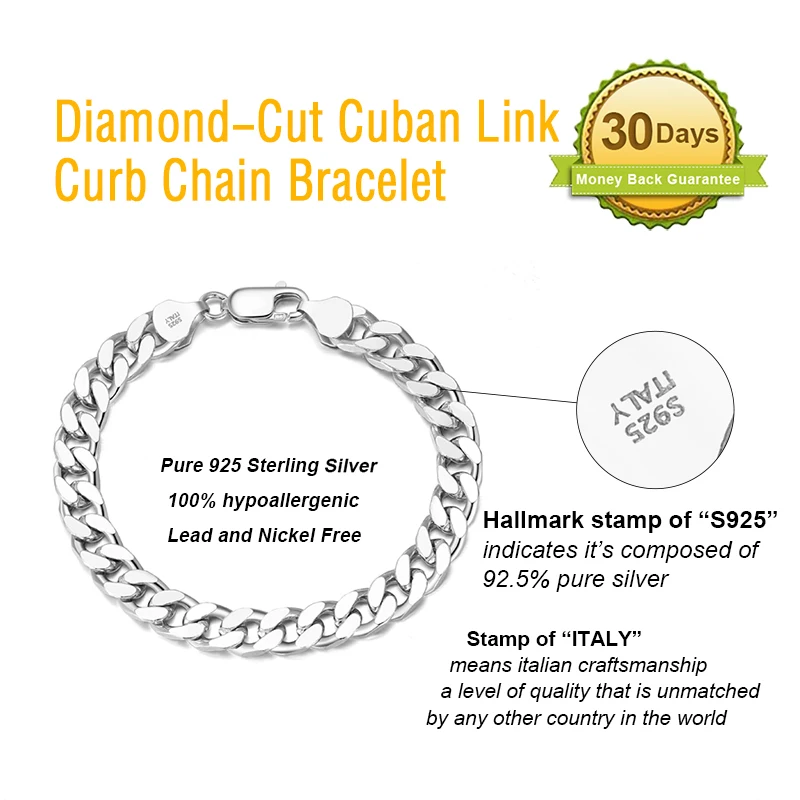 Silver Bracelet 925 Sterling Chunky Cuban Link Chain Bracelet