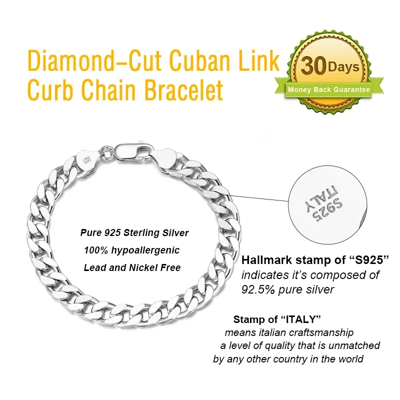 Silver Bracelet 925 Sterling Chunky Cuban Link Chain Bracelet