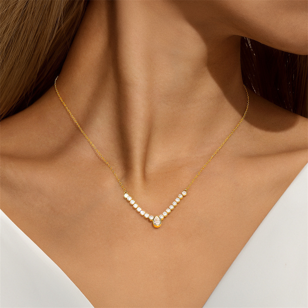 925 Sterling Silver Retro Water Drop Zircon Pendant Clavicle Chain Necklace