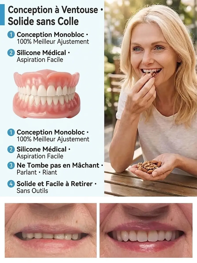 Dentiers complets tout inclus, amélioration épique, port confortable