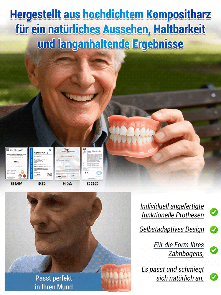 Natürlicher als echte Zähne! In 1 Sekunde angepasst, 48 Stunden tragbar. Medizinisches Patent: Schönheitsprothesen-Set