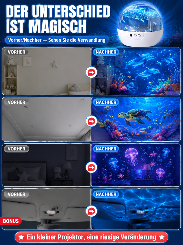 [360°-Drehung] Ocean & Galaxy Projektor: Ultra-HD 3D-Projektionstechnik für dein Zuhause & Auto – in nur 1 Sekunde ein echtes Aquarium!