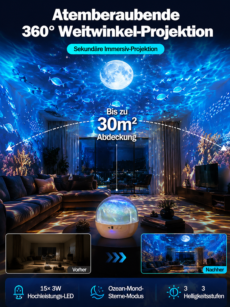 [360°-Drehung] Ocean & Galaxy Projektor: Ultra-HD 3D-Projektionstechnik für dein Zuhause & Auto – in nur 1 Sekunde ein echtes Aquarium!