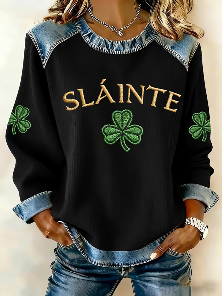 Women's St. Patrick's Day Printed Denim Patchwork Top