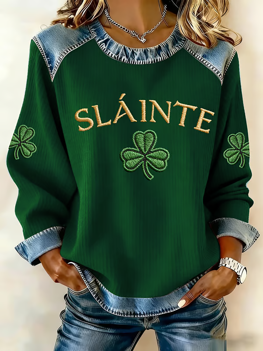 Women's St. Patrick's Day Printed Denim Patchwork Top