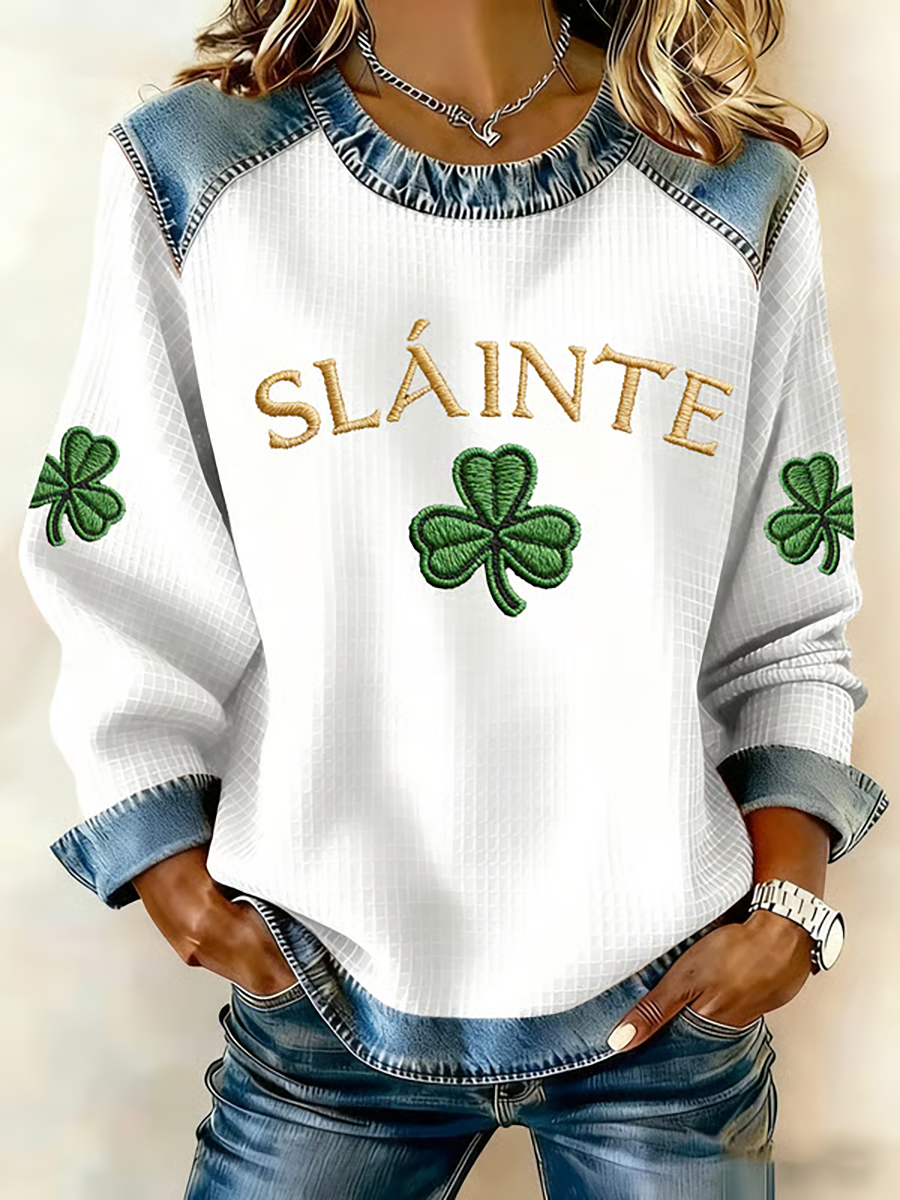 Women's St. Patrick's Day Printed Denim Patchwork Top
