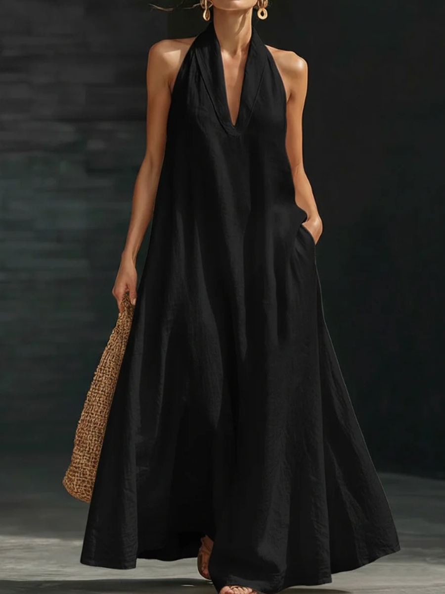 Women's solid color V-neck cotton linen dress