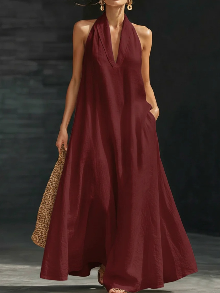 Women's solid color V-neck cotton linen dress