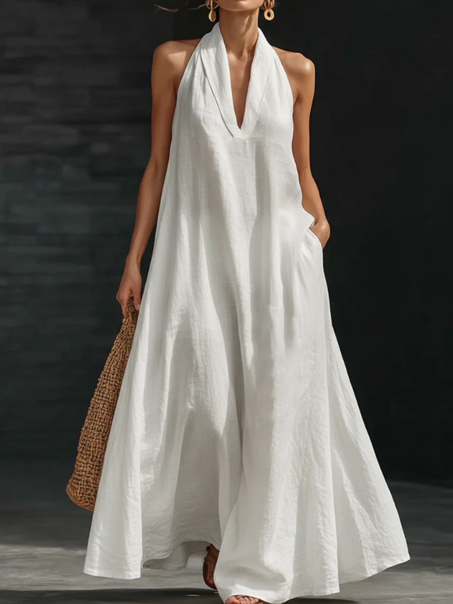 Women's solid color V-neck cotton linen dress