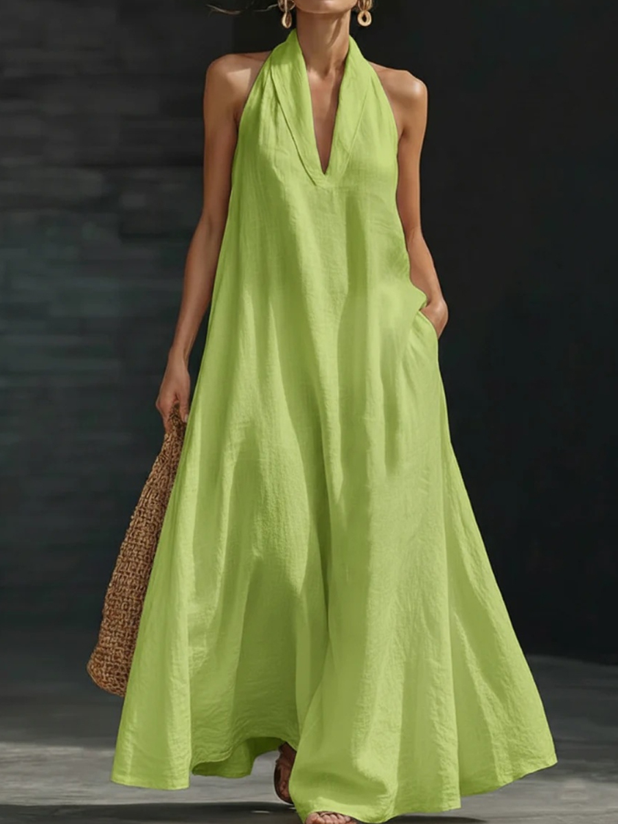 Women's solid color V-neck cotton linen dress