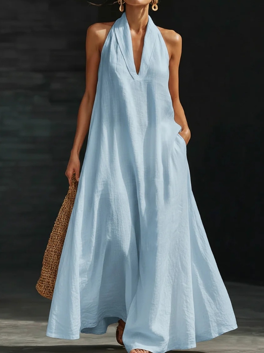 Women's solid color V-neck cotton linen dress