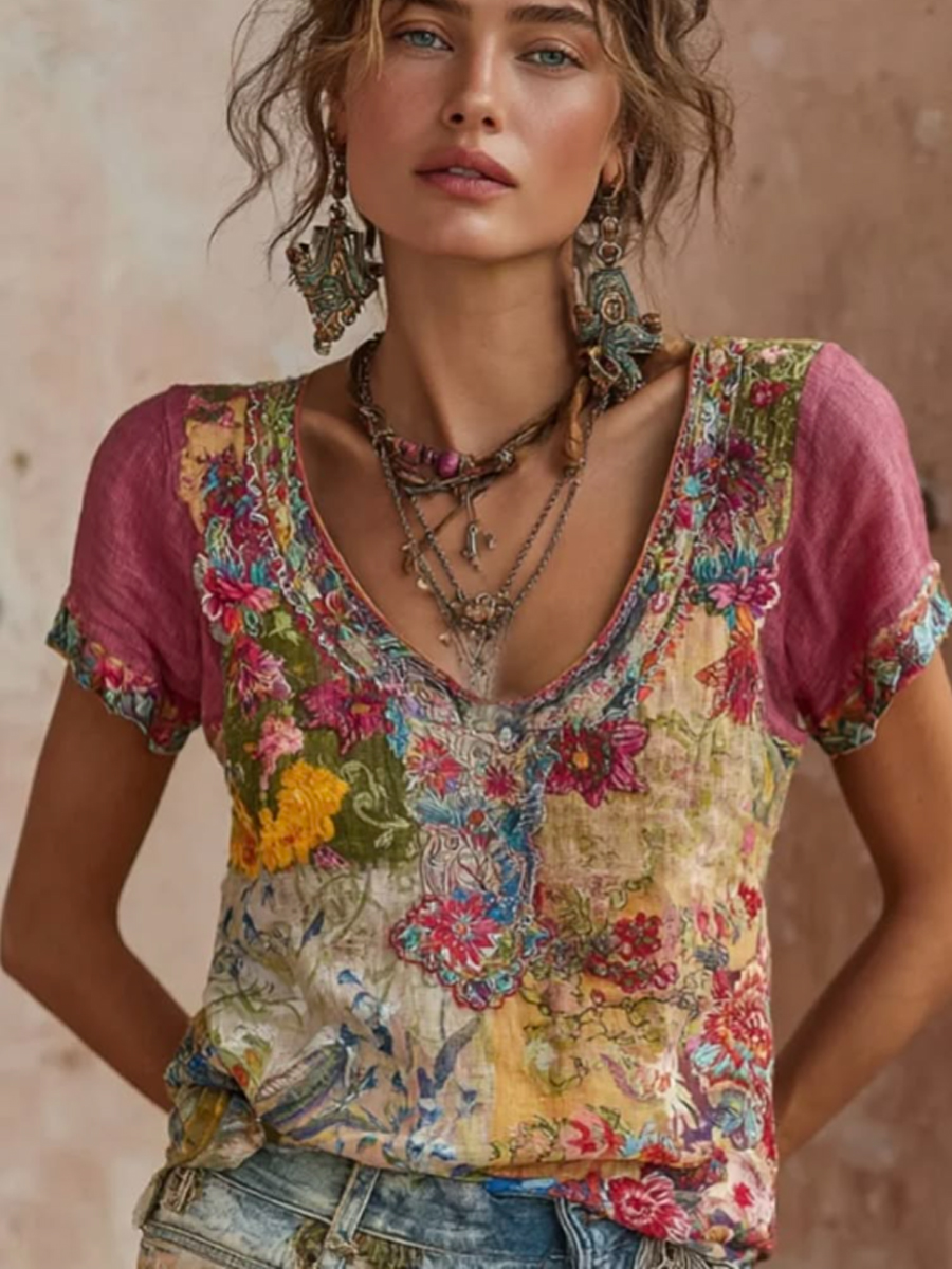 Women's Bohemian Floral Embroidery Art V-neck Contrast Color Linen Blend T-shirt
