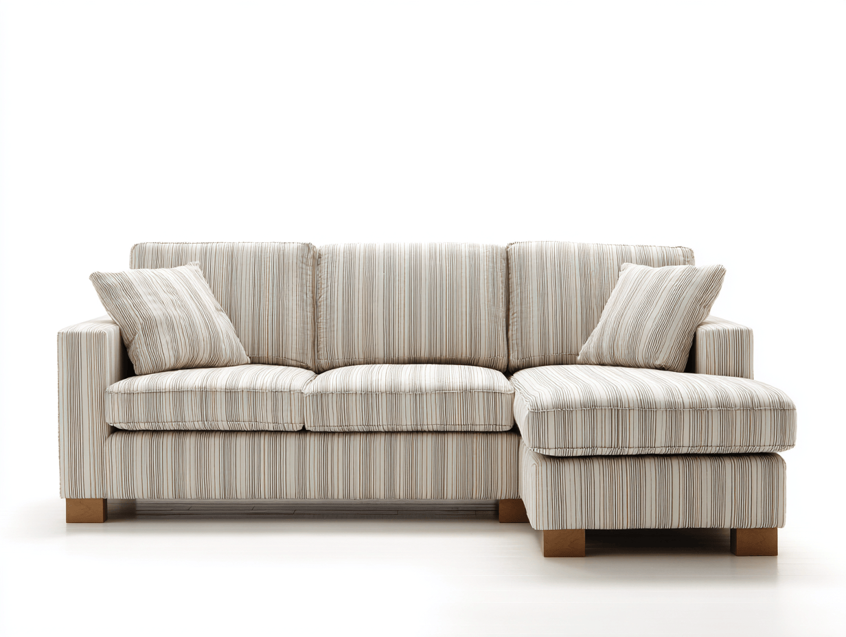 Canapé d’angle en tissu à rayures beige 280×170 cm avec méridienne – style moderne avec coussins assortis-Shelterano