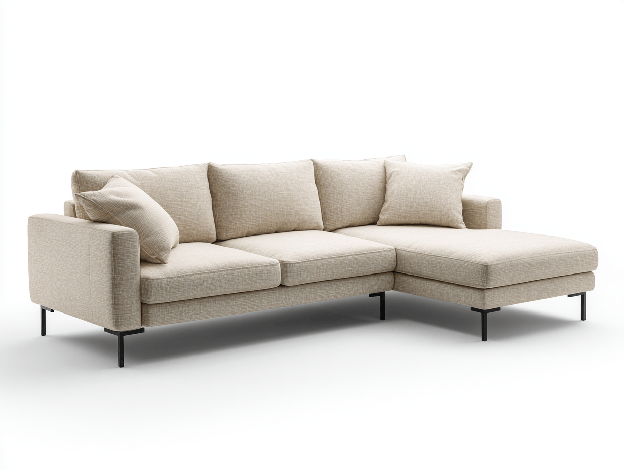 Canapé d’angle en tissu lin beige 280×180 cm avec méridienne – style moderne avec coussins inclus-Shelterano