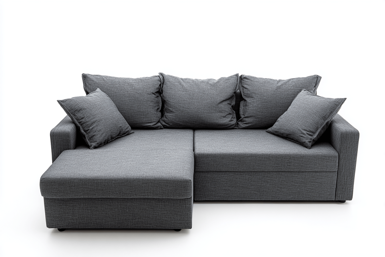 Canapé d’angle méridienne tissu 245×180 cm – gris – avec coussins décoratifs et fonction convertible-Shelterano