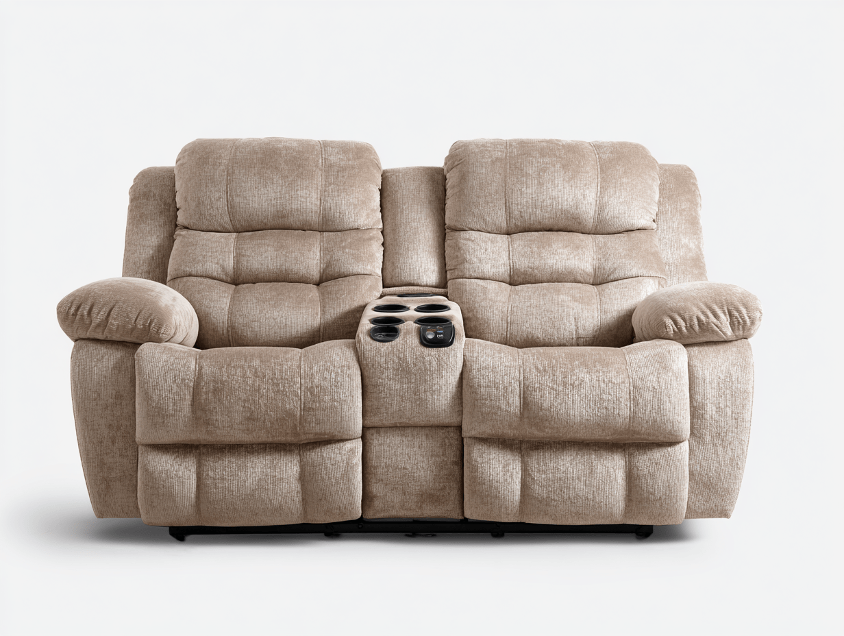 Canapé relaxation tissu 2 places – beige – avec console centrale et porte-gobelets-Shelterano