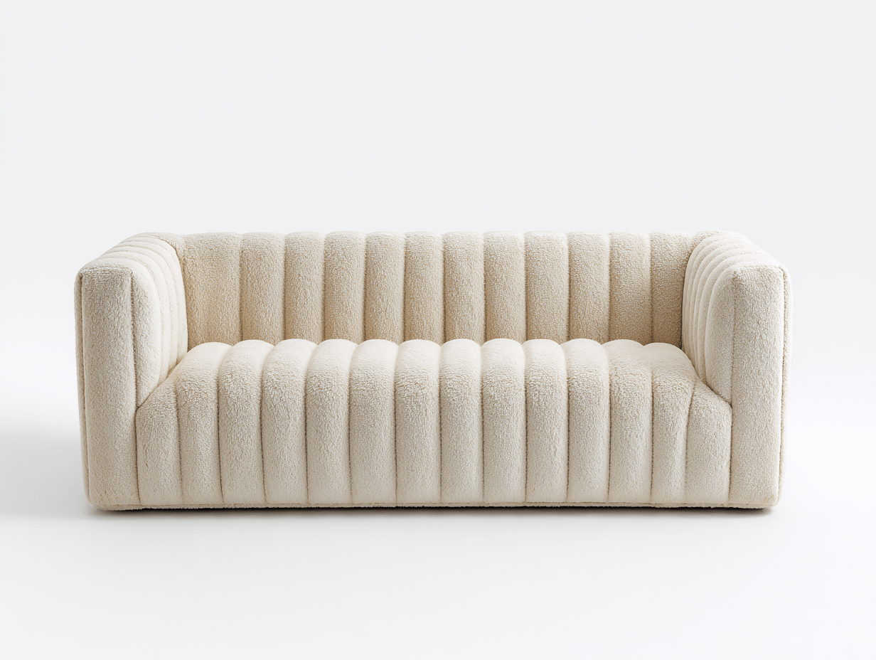 Canapé 3 places tissu bouclette 210×100 cm – crème – design moderne capitonné vertical-Shelterano