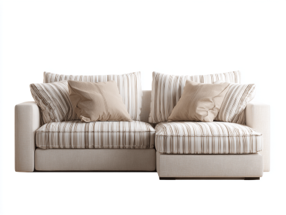 Canapé d’angle en tissu rayé beige et marron avec méridienne – style contemporain avec coussins décoratifs-Shelterano