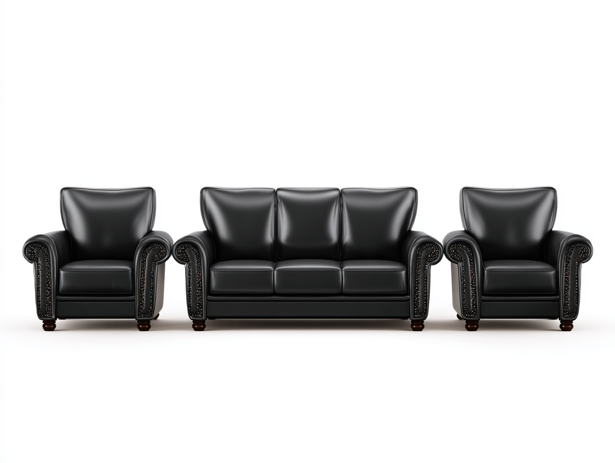 Canapé simili 3 places + 2 fauteuils – simili cuir noir – style classique avec clous décoratifs 210×95 cm-Shelterano