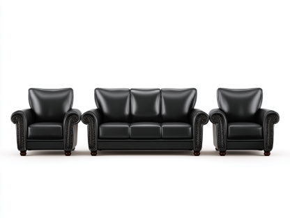 Canapé simili 3 places + 2 fauteuils – simili cuir noir – style classique avec clous décoratifs 210×95 cm-Shelterano