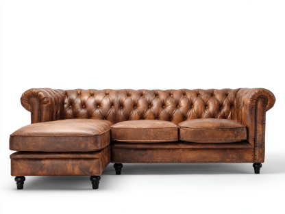 Canapé d’angle – cuir marron 250×160 cm – style Chesterfield avec coussins-Shelterano