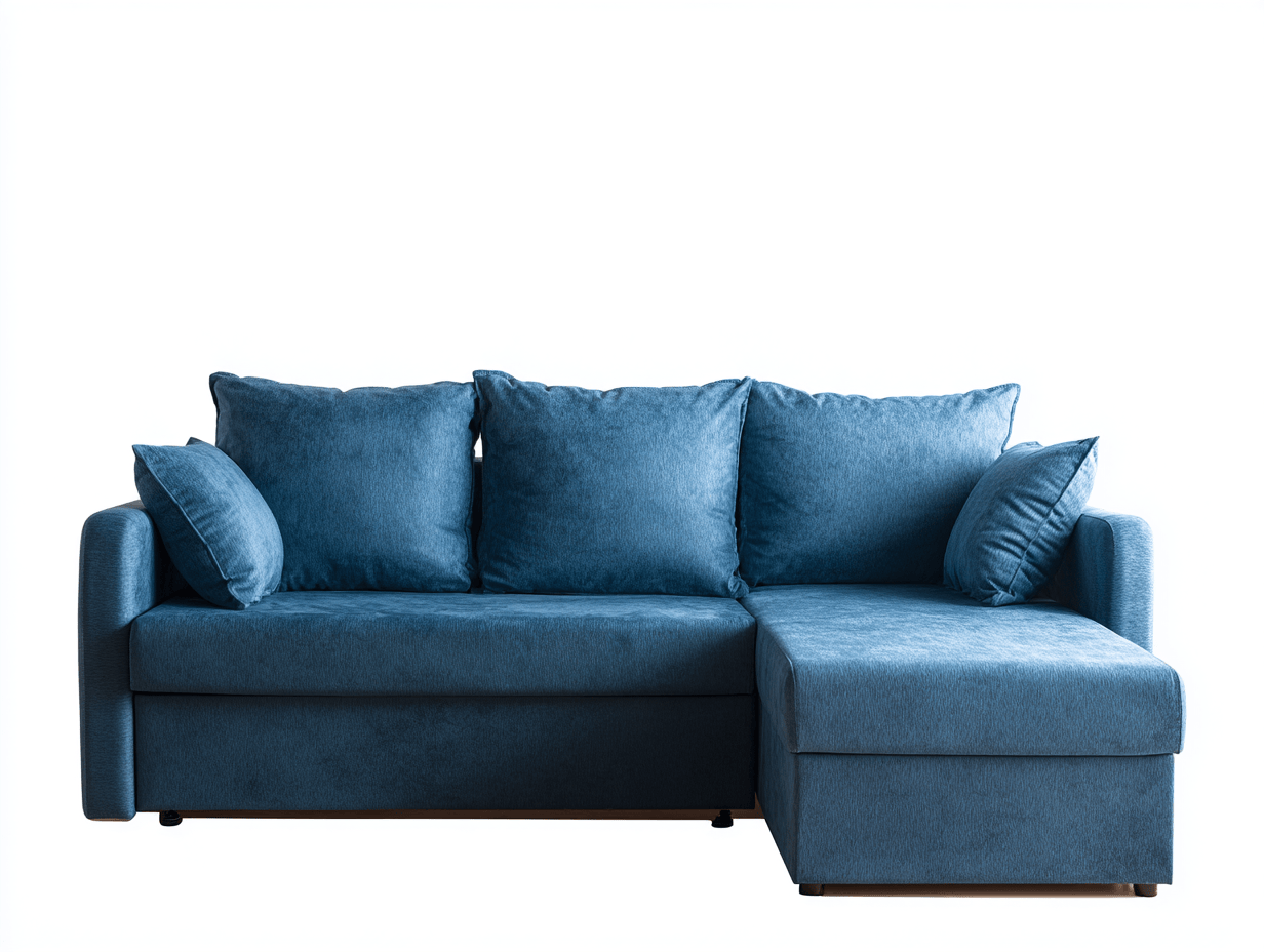 Canapé d’angle en tissu 255×160 cm – bleu – style moderne avec méridienne, coffre de rangement et coussins inclus-Shelterano