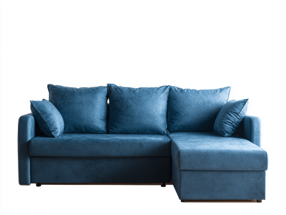 Canapé d’angle en tissu 255×160 cm – bleu – style moderne avec méridienne, coffre de rangement et coussins inclus-Shelterano