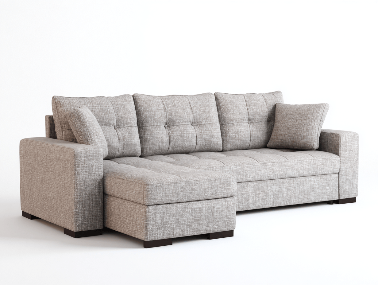 Canapé d’angle en tissu 260×155 cm – gris clair – avec méridienne et coussins – style moderne-Shelterano