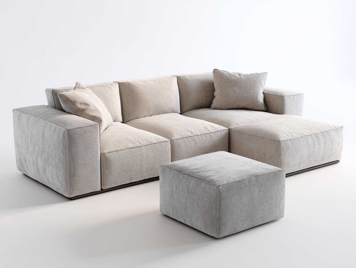 Canapé d’angle – tissu beige 270×175 cm – design modulable avec coussins et pouf-Shelterano