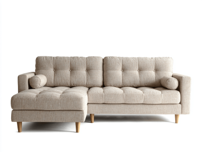 Canapé d’angle en tissu beige 240×155 cm avec méridienne – design capitonné moderne avec coussins cylindriques-Shelterano