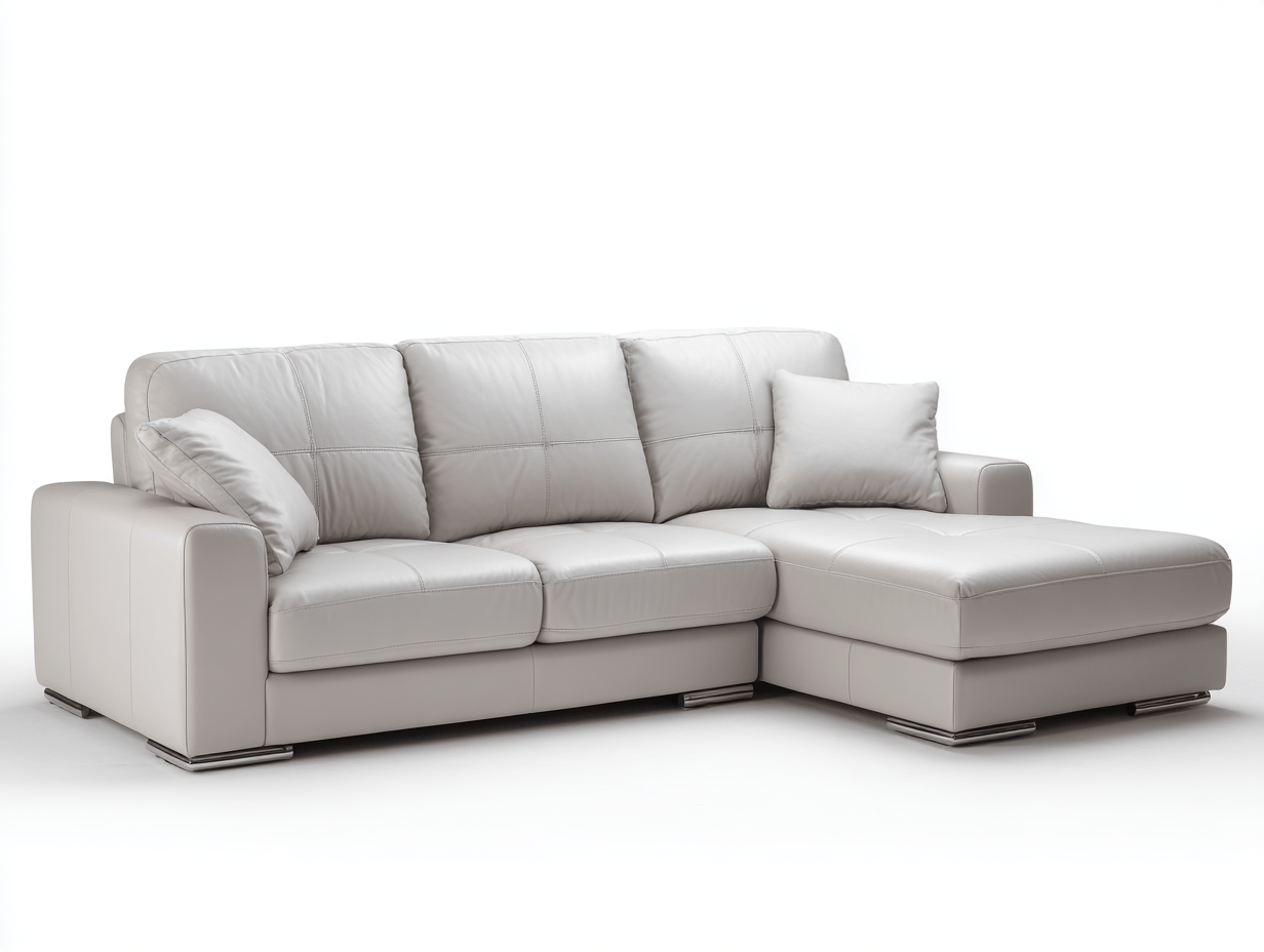 Canapé d’angle en cuir synthétique gris clair 285×175 cm avec méridienne – style moderne avec coussins assortis-Shelterano