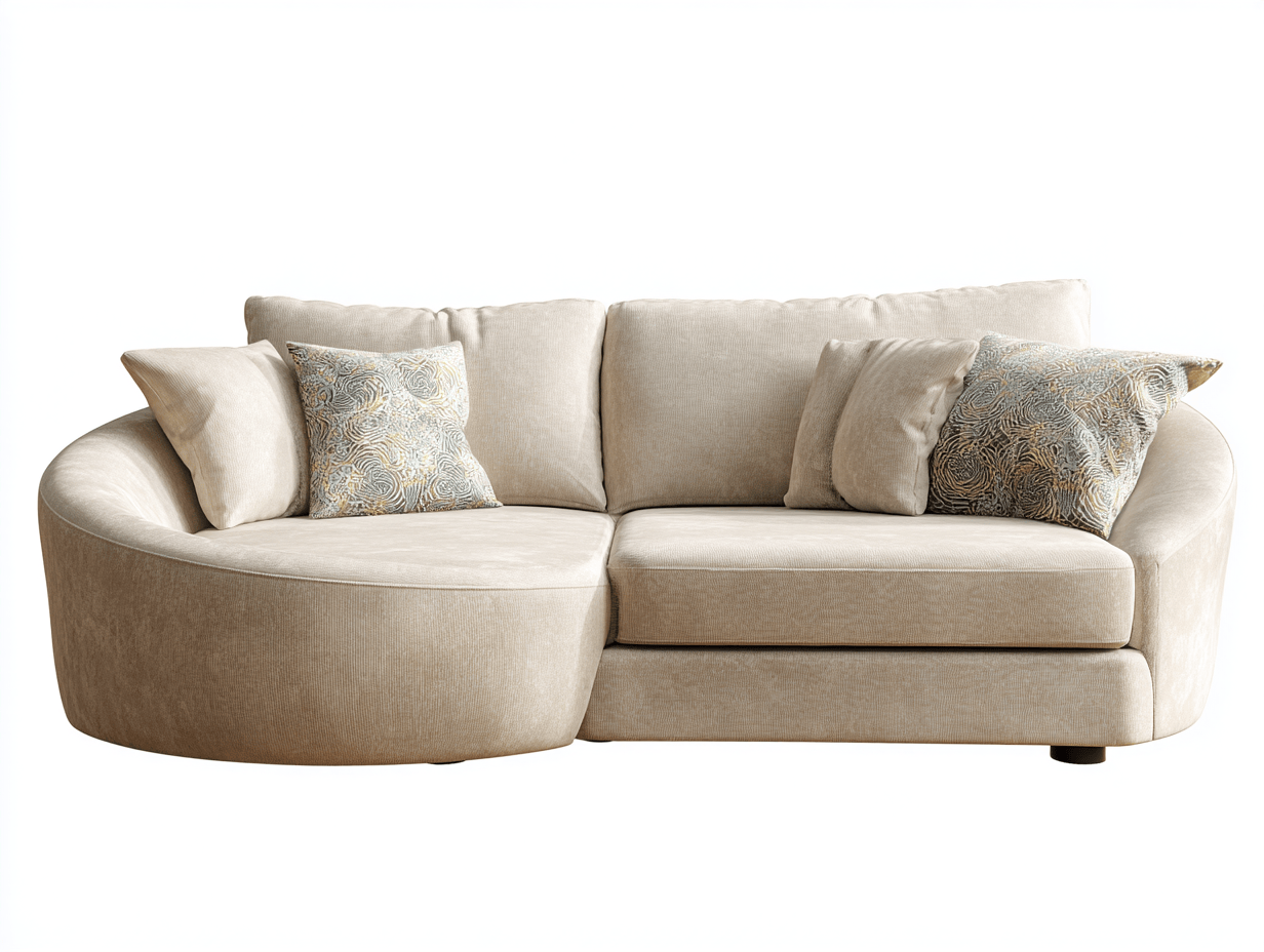 Canapé d’angle en tissu beige 220×150 cm – design arrondi moderne avec coussins décoratifs-Shelterano