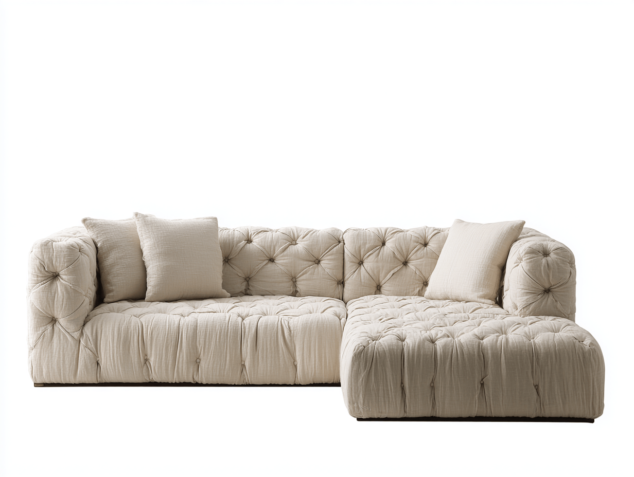 Canapé d’angle capitonné en tissu beige 280×170 cm avec méridienne – style moderne avec coussins assortis-Shelterano