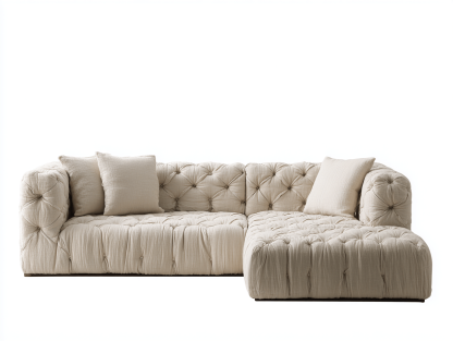 Canapé d’angle capitonné en tissu beige 280×170 cm avec méridienne – style moderne avec coussins assortis-Shelterano