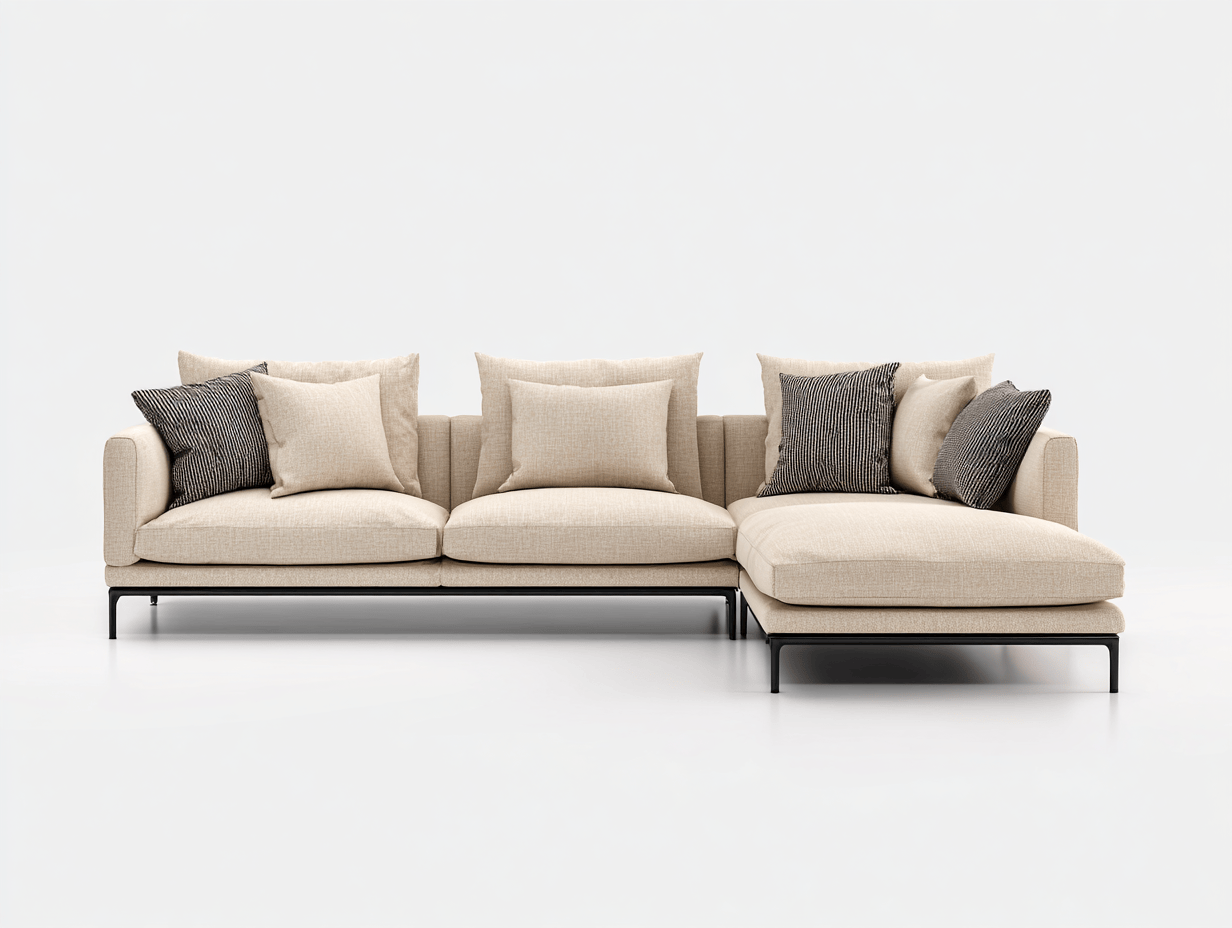 Canapé d’angle en tissu 290×190 cm – beige clair – design moderne avec coussins décoratifs assortis-Shelterano