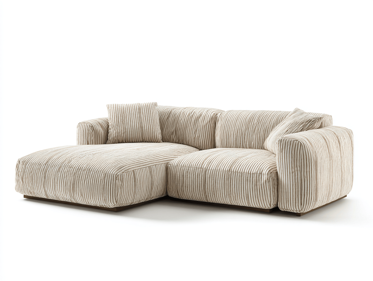 Canapé d’angle en tissu à rayures beige 290×180 cm avec méridienne – style contemporain avec coussins décoratifs-Shelterano