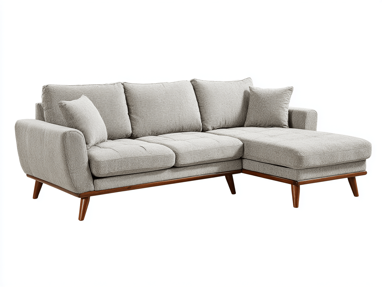 Canapé d’angle en tissu 265×165 cm – gris clair – style scandinave avec méridienne et coussins inclus-Shelterano