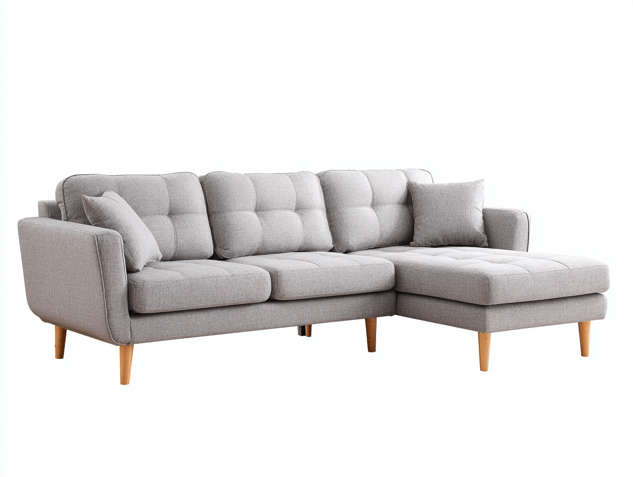 Canapé d’angle en tissu 270×160 cm – gris clair – avec méridienne et coussins – style scandinave-Shelterano