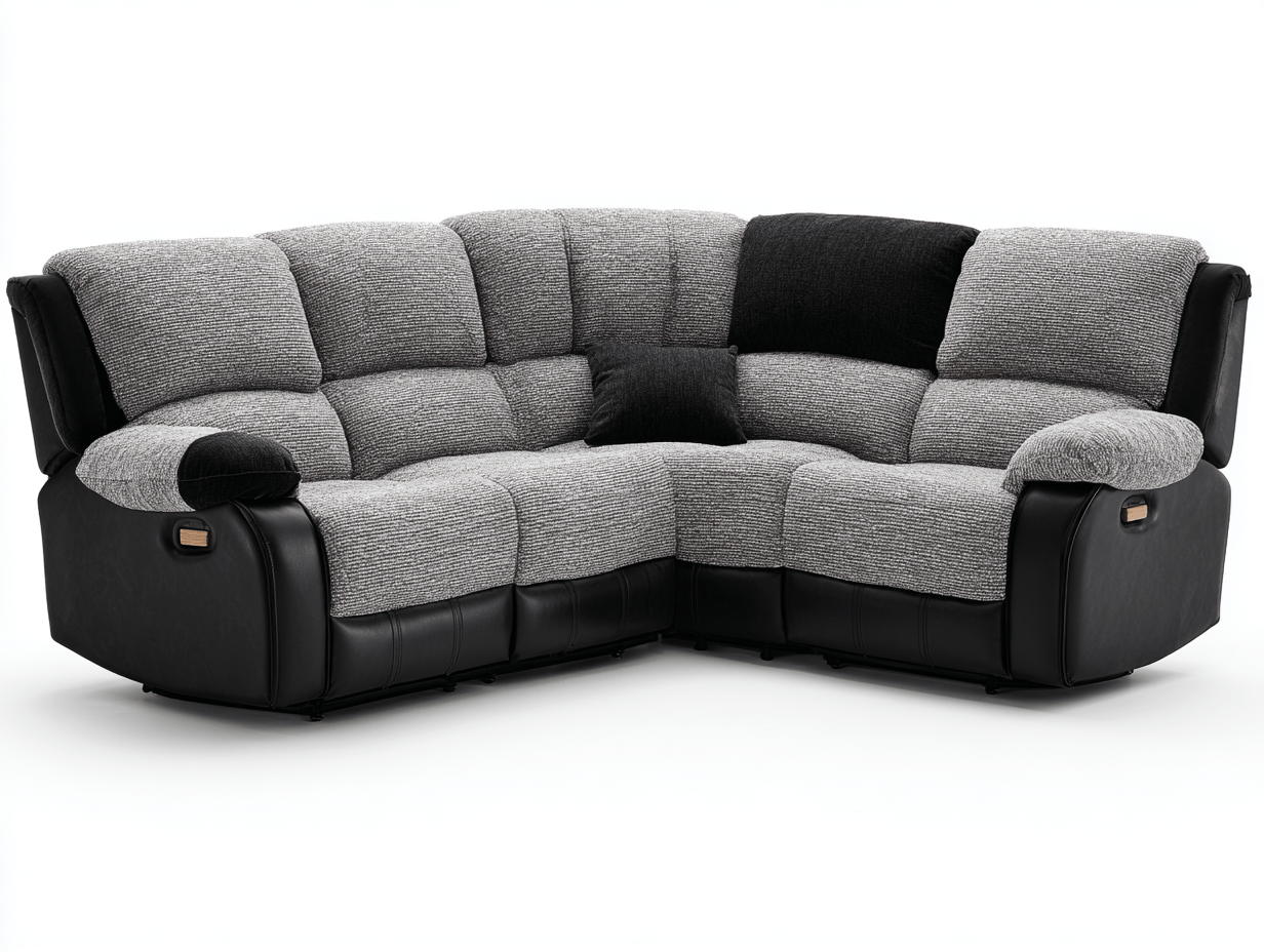 Canapé d’angle tissu et simili cuir 260×200 cm – gris/noir – avec coussins et fonction relax-Shelterano