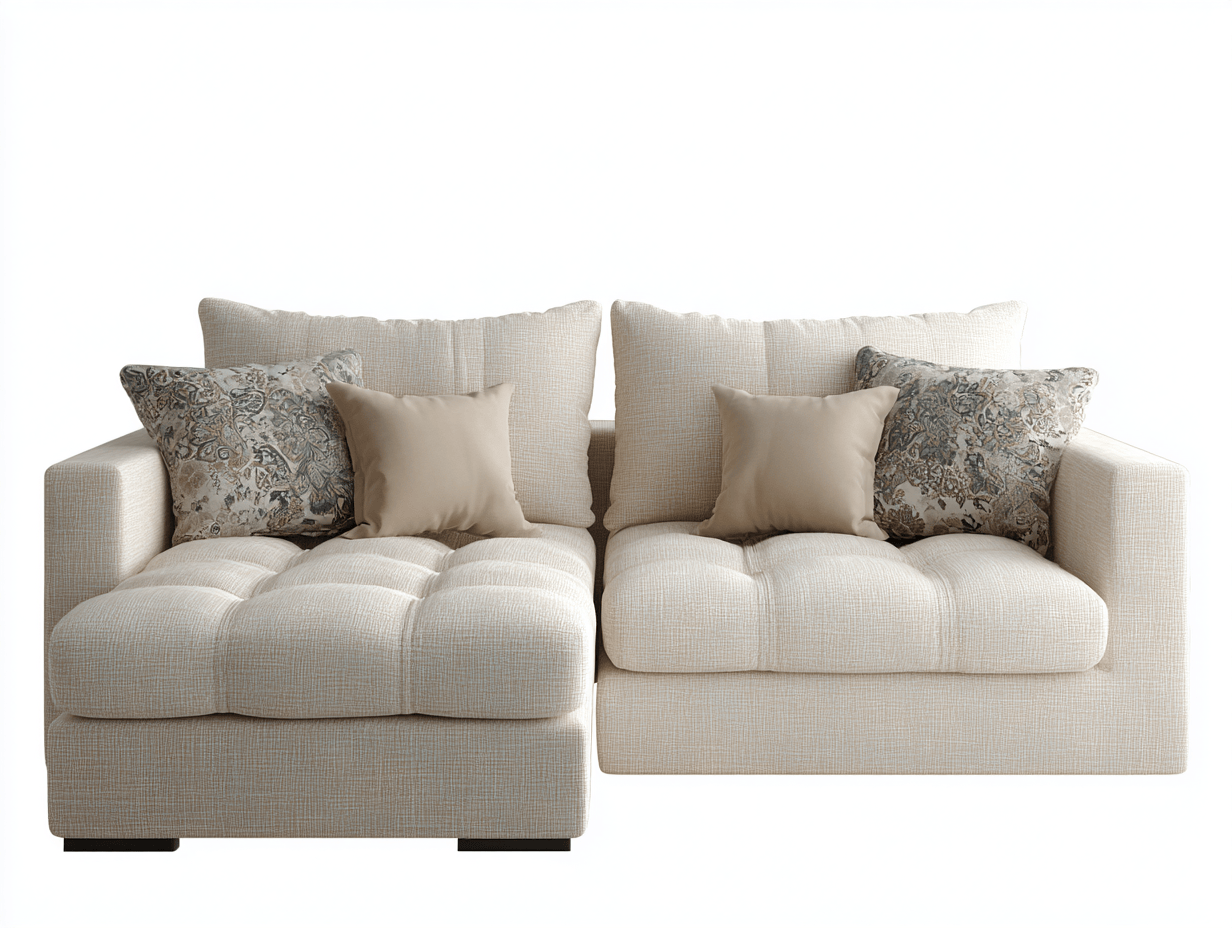 Canapé d’angle – tissu beige clair 250×160 cm – design capitonné avec coussins décoratifs-Shelterano