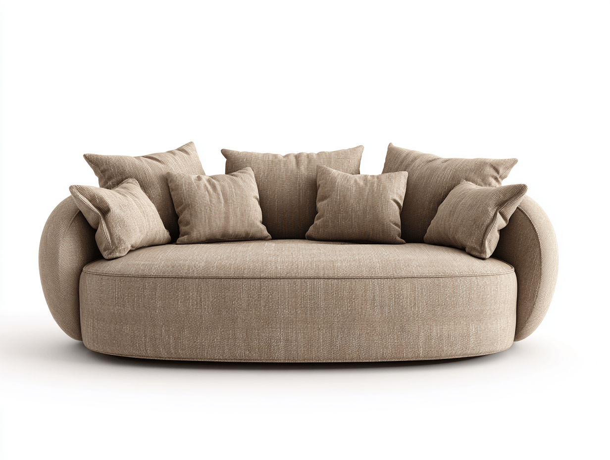 Canapé tissu 3 places 230×105×85 cm – beige – design arrondi contemporain avec multiples coussins-Shelterano