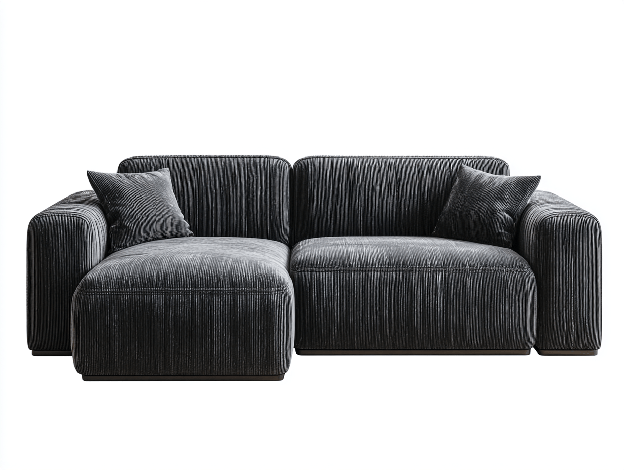 Canapé d’angle en velours côtelé noir 290×185 cm avec méridienne – design contemporain avec coussins assortis-Shelterano