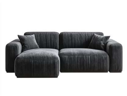 Canapé d’angle en velours côtelé noir 290×185 cm avec méridienne – design contemporain avec coussins assortis-Shelterano