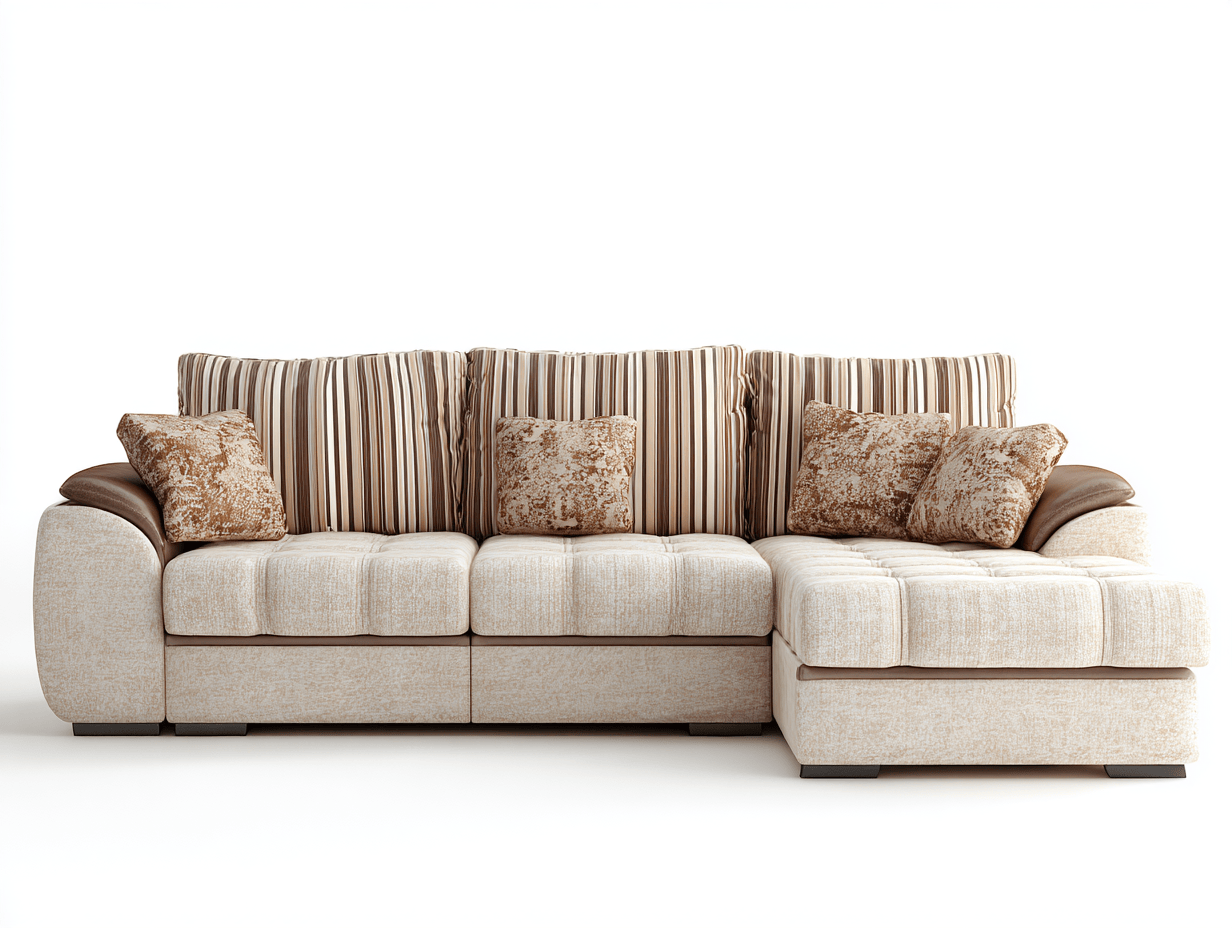 Canapé d’angle – tissu beige et marron à rayures 260×175 cm – style contemporain avec méridienne et coussins-Shelterano