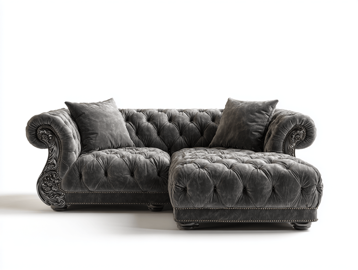 Canapé d’angle capitonné en velours 250×160 cm – gris – style classique avec coussins-Shelterano