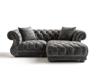 Canapé d’angle capitonné en velours 250×160 cm – gris – style classique avec coussins-Shelterano