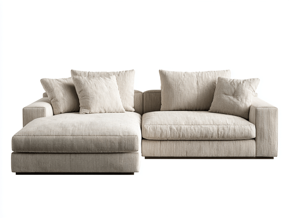 Canapé d’angle en velours côtelé 275×165 cm – beige – style moderne avec coussins-Shelterano