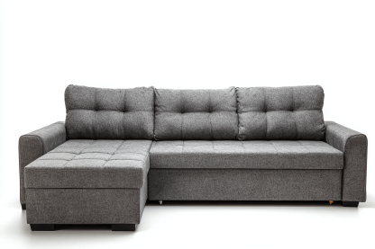 Canapé d’angle méridienne tissu 255×185 cm – gris – avec fonction convertible et assise capitonnée-Shelterano